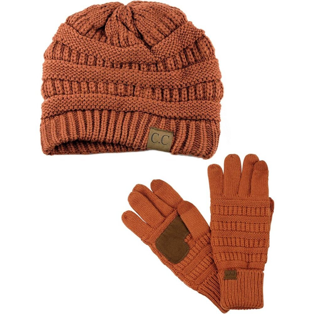 Unisex Soft Stretch Cable Knit Beanie and Anti-Slip Touchscreen Gloves 2 Pc Set
